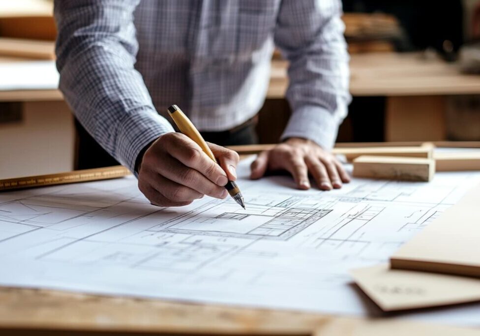 design build contractor looking at building plans